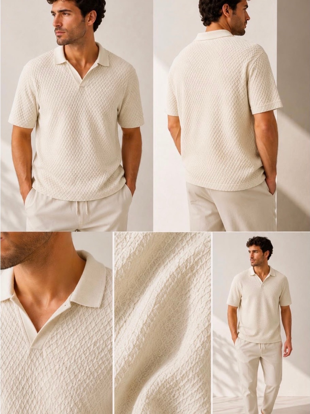 Primark Cream Textured Knit Short-Sleeve Polo